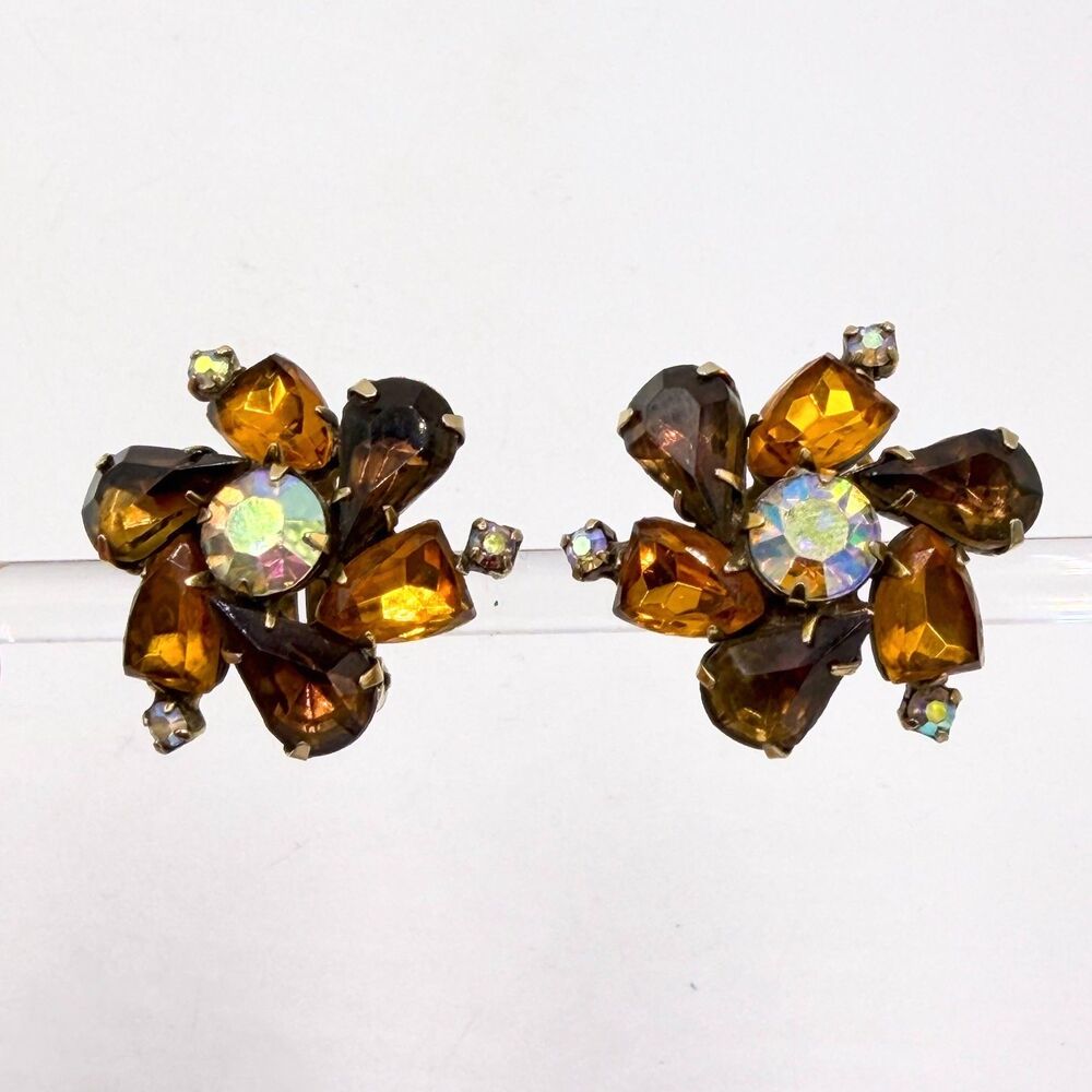 Kramer Amber Brown Rhinestone Clip On Earrings Vintage Mid Century
